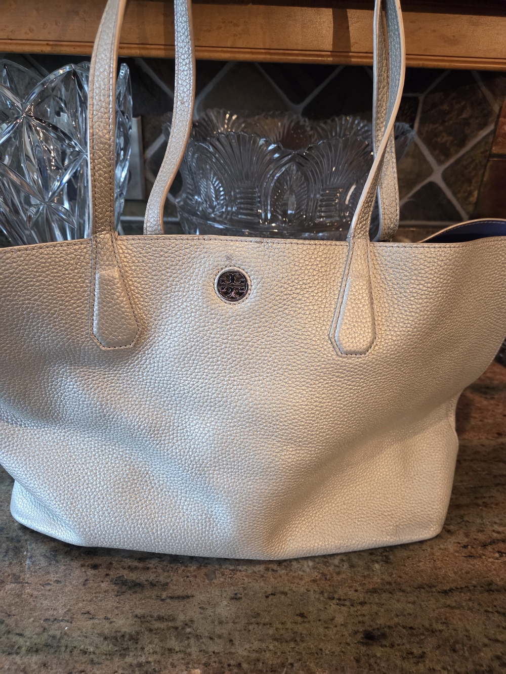 Tory Burch Metallic Pearl Color Pebbled Leather Tote- FAIR CONDITION
